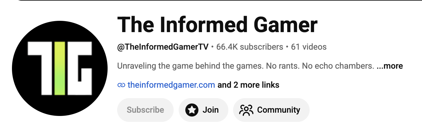 The Informed Gamer YouTube channel, 66.4K subscribers