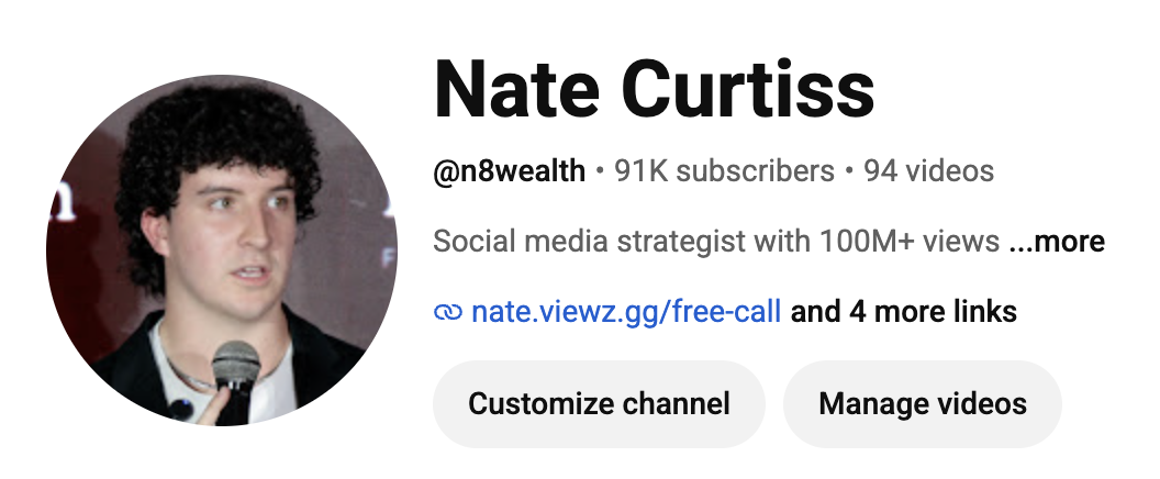 Nate Curtiss YouTube channel, 91K subscribers