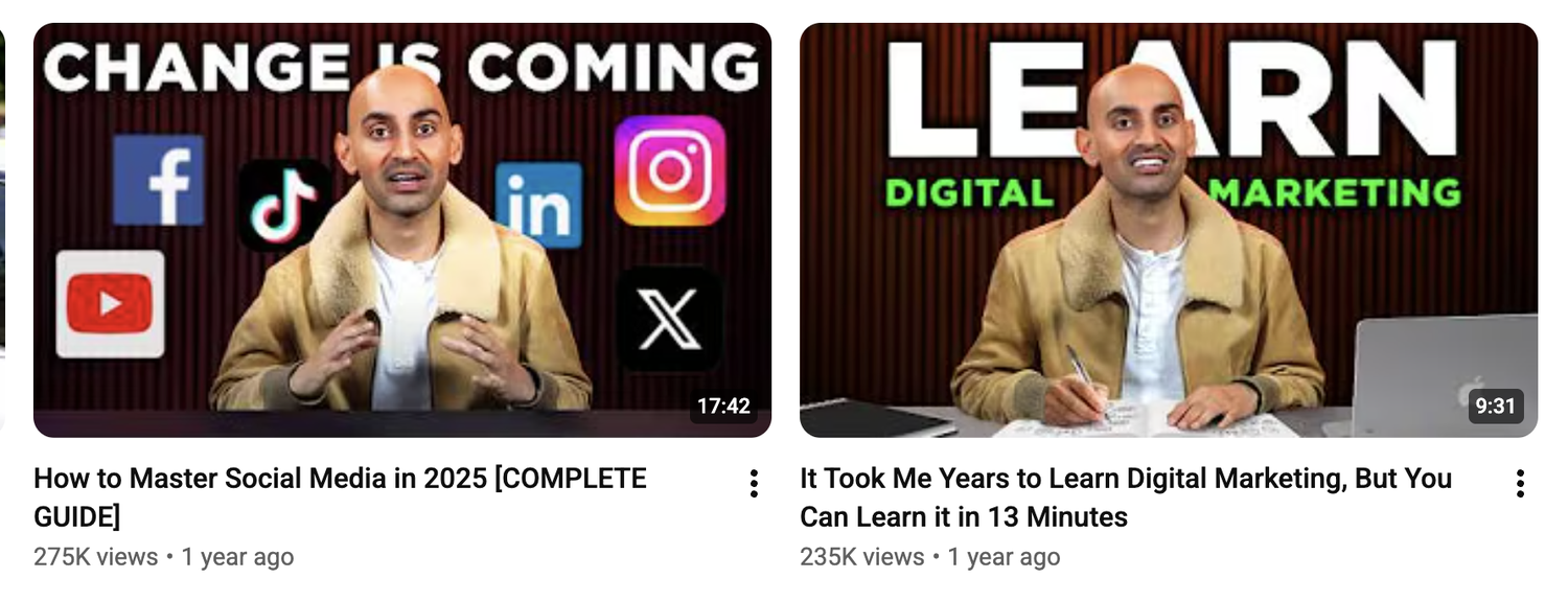 Neil Patel videos after, 275K and 235K views